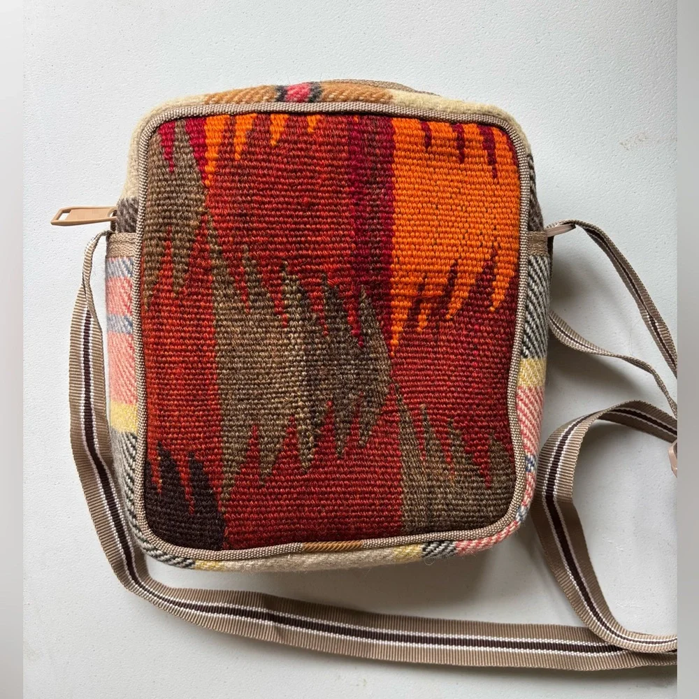 Unique Turkish Kilim Cross-Body Bag Colorful Geometric Pattern & Evil Eye Bead
